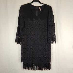 Black Crochet Lace Faux Suede Fringe Dress Boho Whimsigoth Holiday Womens L
